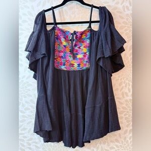 Jen’s Pirate Booty FP Women’s OS Black Boho Embroidered Off Shoulder Beach Dress